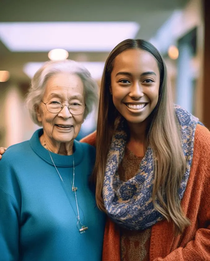 Friendly caregiver engaging in conversation with an elderly woman in a living room.